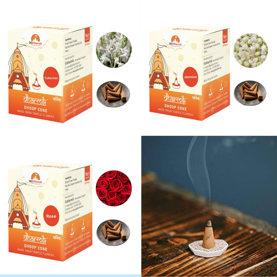 Combo Handmade Dhoop Cones made from Temple Flowers ( TUBEROSE +JASMINE +ROSE)